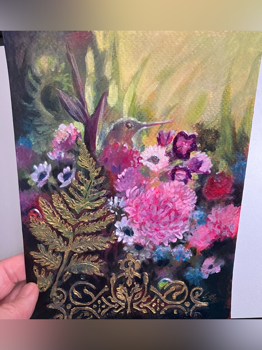 Original hummingbird garden painting floral nature art surreal fantasy artwork